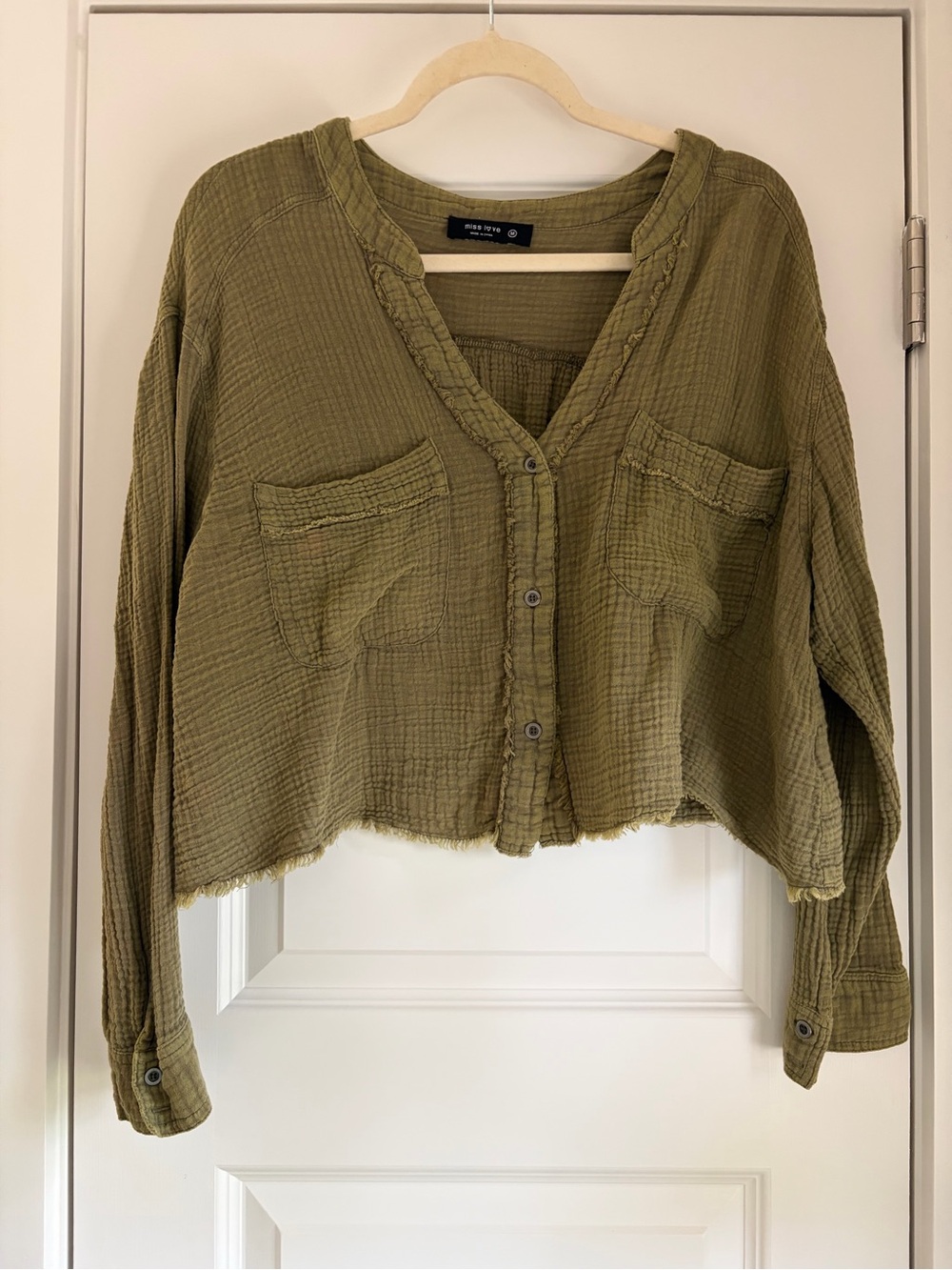 Olive Gauze Button-Front Cropped Shirt